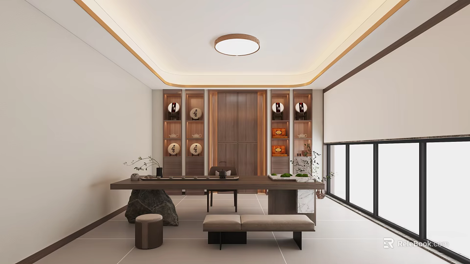 Modern Bedroom Interior With Wooden Furniture Bed And Ceiling Light Decor 3d model 