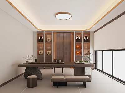 Modern Bedroom Interior With Wooden Furniture Bed And Ceiling Light Decor 3d model