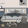 Double Bed in Cozy Bedroom with Pillows Blanket and Children's Toys