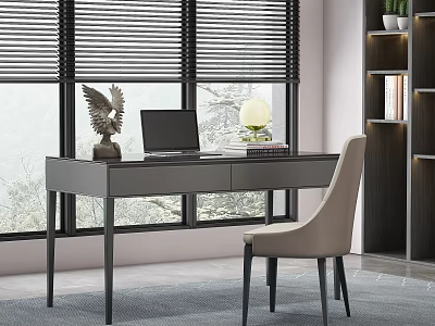 Modern Home Office Desk With Laptop Eagle Sculpture Table Lamp And Chair 3d model