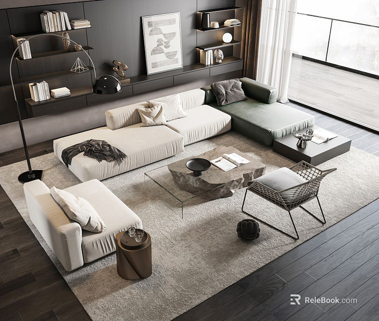 Modern Living Room Interior With Sectional Sofa Glass Coffee Table Area Rug And Floor Lamp 3d model 