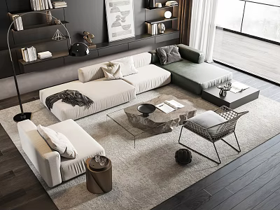 Modern Living Room Interior With Sectional Sofa Glass Coffee Table Area Rug And Floor Lamp 3d model