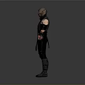Man In Black Ninja Costume With Arms Outstretched On Gray Background