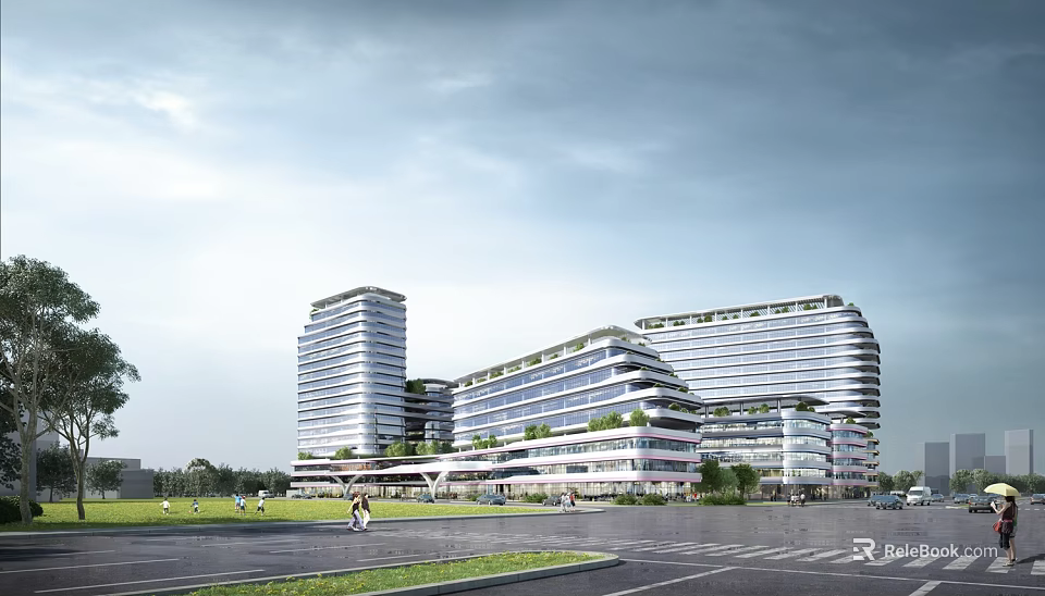 Modern Hospital Building Exterior Featuring Glass Curtain Walls And Green Landscaping 3d model 