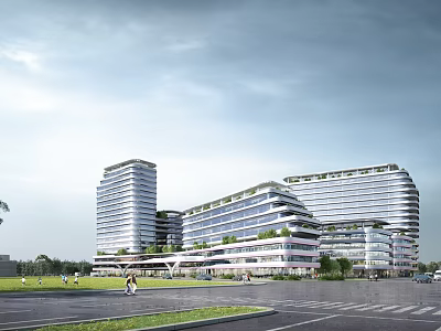 Modern Hospital Building Exterior Featuring Glass Curtain Walls And Green Landscaping 3d model