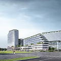 Modern Hospital Building Exterior Featuring Glass Curtain Walls And Green Landscaping