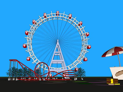 Fun Amusement Park Rides Featuring Ferris Wheel Roller Coaster And Ice Cream Stand 3d model