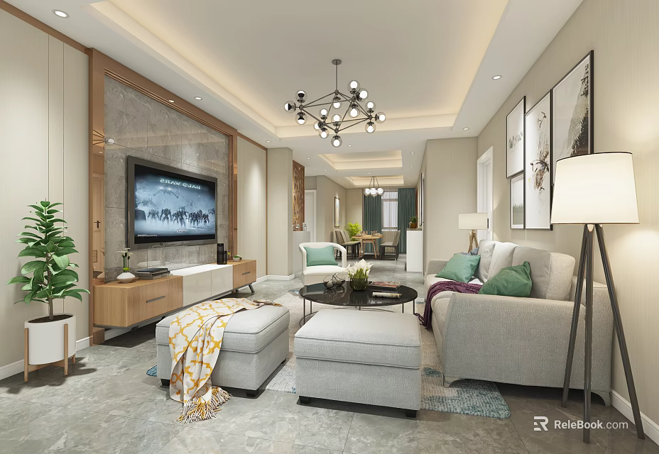 Modern Living Room Interior With TV Wall Sofa Coffee Table Chandelier And Decorative Paintings 3d model 