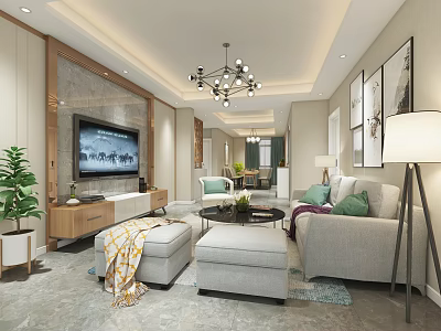 Modern Living Room Interior With TV Wall Sofa Coffee Table Chandelier And Decorative Paintings 3d model