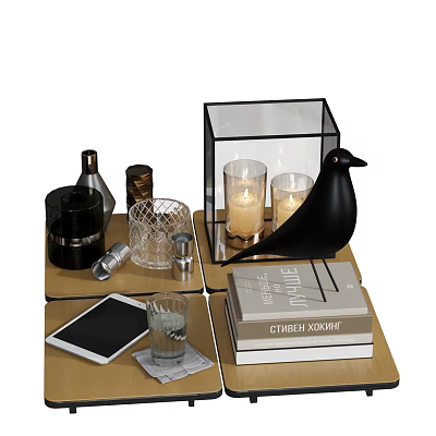 Elegant Decorative Ornament Set With Black Bird Figurine Glass Cloche Candles And Stacked Books 3d model