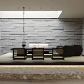 Modern Living Room With White Sofa Brown Armchairs Area Rug And Decorative Painting