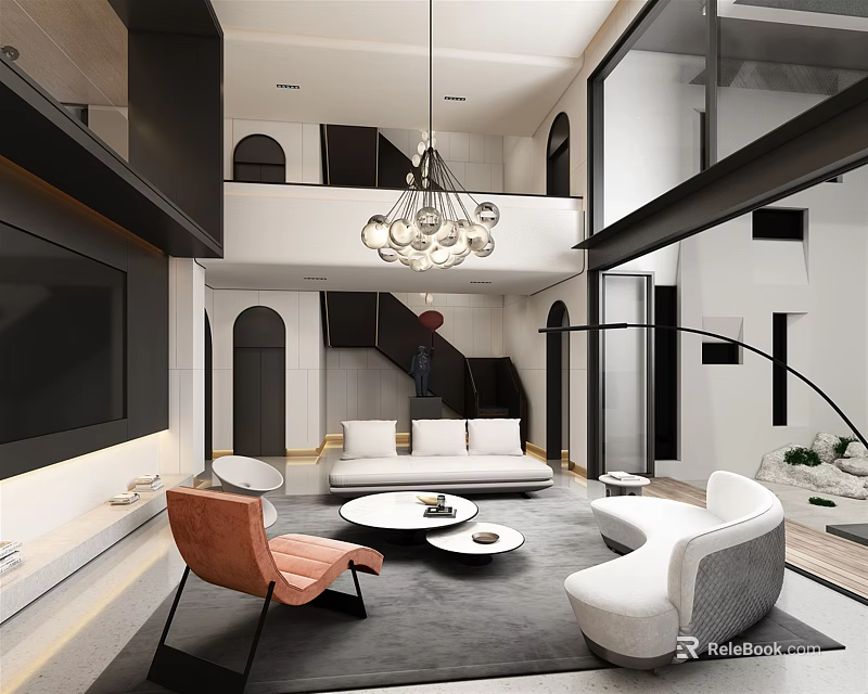 Duplex Living Room Modern Interior With Chandelier Sofa Set TV Wall And Staircase 3d model 