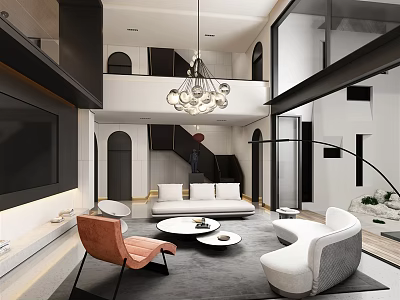 Duplex Living Room Modern Interior With Chandelier Sofa Set TV Wall And Staircase 3d model