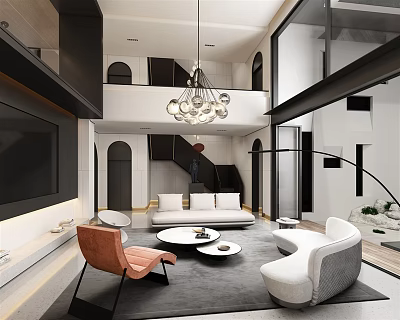 Duplex Living Room Modern Interior With Chandelier Sofa Set TV Wall And Staircase 3d model