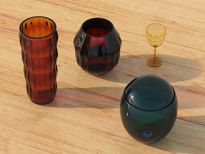 Different Shaped Colored Beverage Glassware Including Tall Short Goblet and Sphere on Wooden Table 3d model