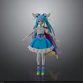 Anime Style Character With Blue Long Hair Yellow Horns Blue Dress White Stockings And Cape