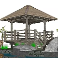 Tranquil Outdoor Landscape With Thatched Pavilion Wooden Deck Large Rocks Pond Lily Pads Palm Trees