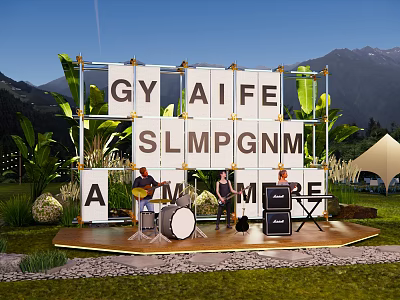 Outdoor Stage with Live Band Guitar Drums Keyboard Letter Blocks Green Plants And Mountain View 3d model