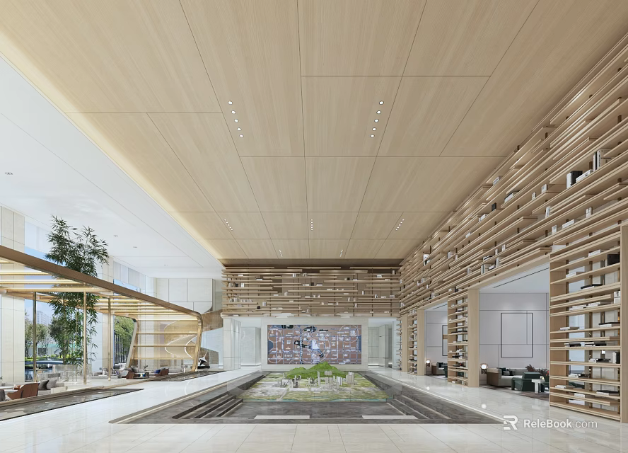 Modern Spacious Sales Office Interior With Indoor Greenery Artworks And Model 3d model 