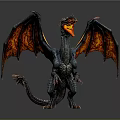 Detailed 3D Fantasy Dragon Model With Black Body Orange Red Wings Open Mouth