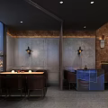 Rustic Bar Interior With Bricked Wall Dark Wooden Paneling And Wall Sconces