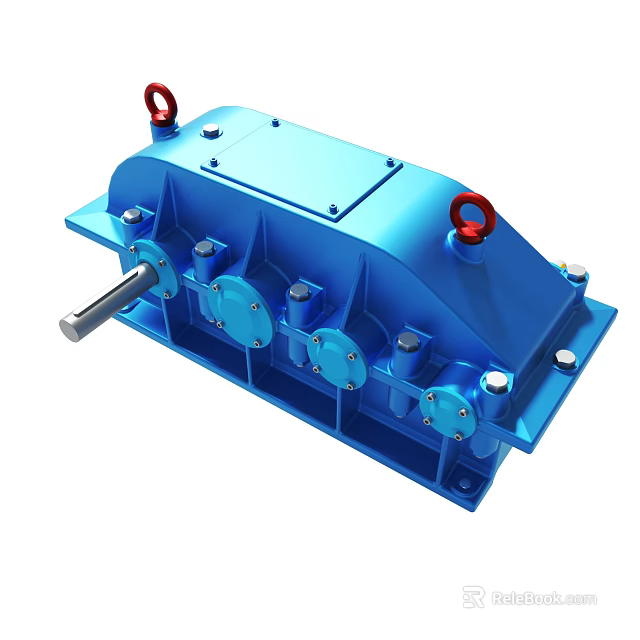 Blue Industrial Gearbox With Red Lifting Rings And Metal Transmission Components 3d model 