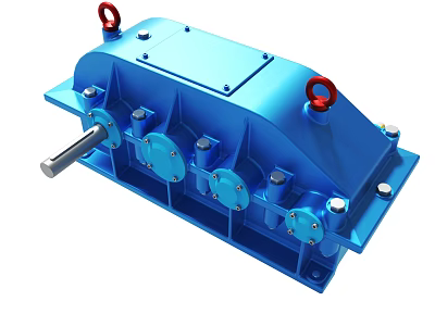 Blue Industrial Gearbox With Red Lifting Rings And Metal Transmission Components 3d model