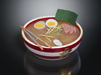 Delicious Ramen Bowl With Soft Boiled Eggs Sliced Meat Nori Chopped Scallions And Chopsticks 3d model