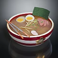 Delicious Ramen Bowl With Soft Boiled Eggs Sliced Meat Nori Chopped Scallions And Chopsticks