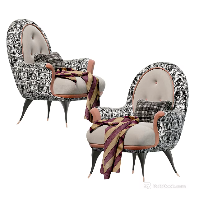 Stylish Leisure Chairs Featuring Patterned Backrest Decorative Pillows and Soft Throw Blanket 3d model 