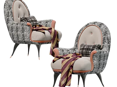 Stylish Leisure Chairs Featuring Patterned Backrest Decorative Pillows and Soft Throw Blanket 3d model