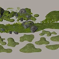 Courtyard Garden Design With Various Shaped Green Grass Patches And Moss Covered Rocks