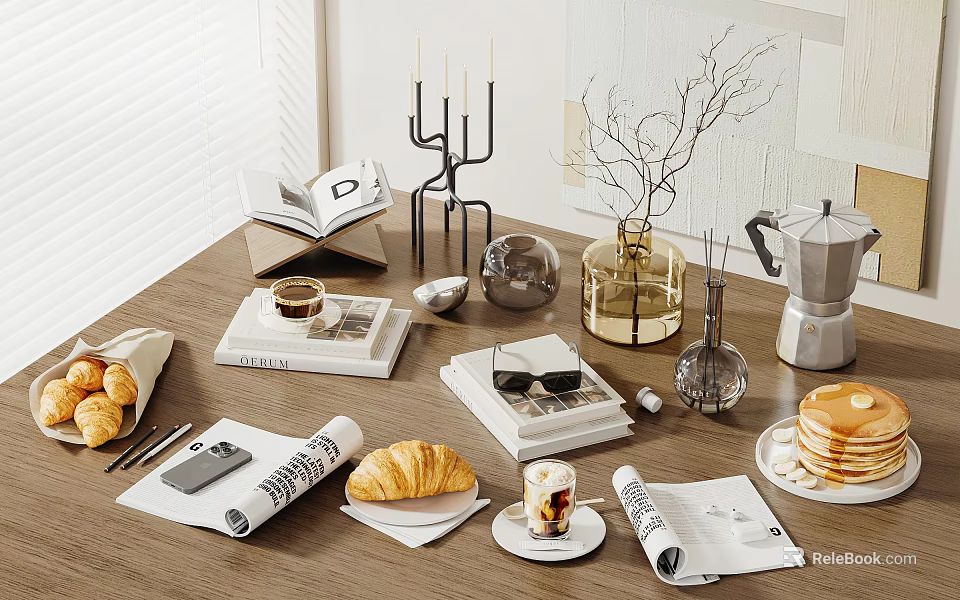 Elegant Decorative Ornament Set With Open Book Candle Holder Twig Decoration Coffee Pot And Magazine 3d model 