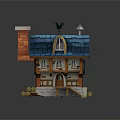 Cute Small Wooden House With Blue Roof Chimney And Green Grass Base