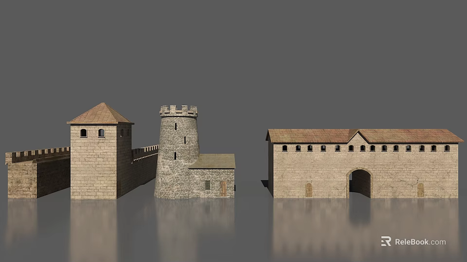 Medieval Stone Castle Structures Featuring Tower Walls Gateway And Brown Roofs 3d model