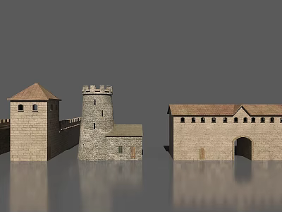 Medieval Stone Castle Structures Featuring Tower Walls Gateway And Brown Roofs 3d model