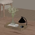 Elegant Decorative Ornament Set With Metal Tray Glass Vase Plants Clear Cubes On Wooden Table
