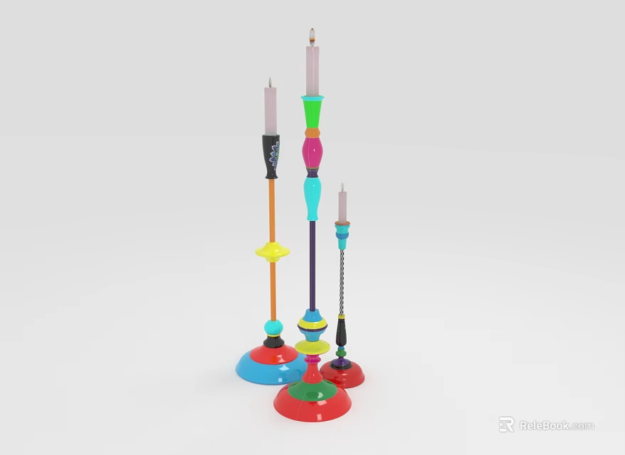 Modern Three Colorful Candle Lamps With Different Heights Colorful Decorative Columns And Blue Red Bases 3d model 