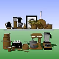 Stylish Golden Modern Kitchenware Collection On Shelf With Coffee Maker Kettle Pots Mixer Blender Mugs