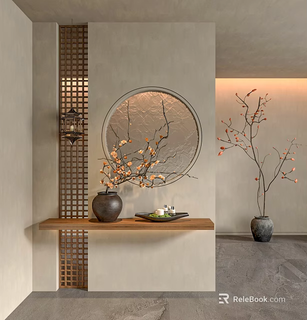 Lattice Design Partition In Modern Interior With Circular Mirror Flowering Branches And Wooden Shelf 3d model 
