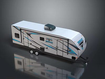 White Impact Travel Trailer With Blue Decorative Accents Black Rooftop Unit Windows And Wheels 3d model