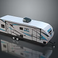 White Impact Travel Trailer With Blue Decorative Accents Black Rooftop Unit Windows And Wheels