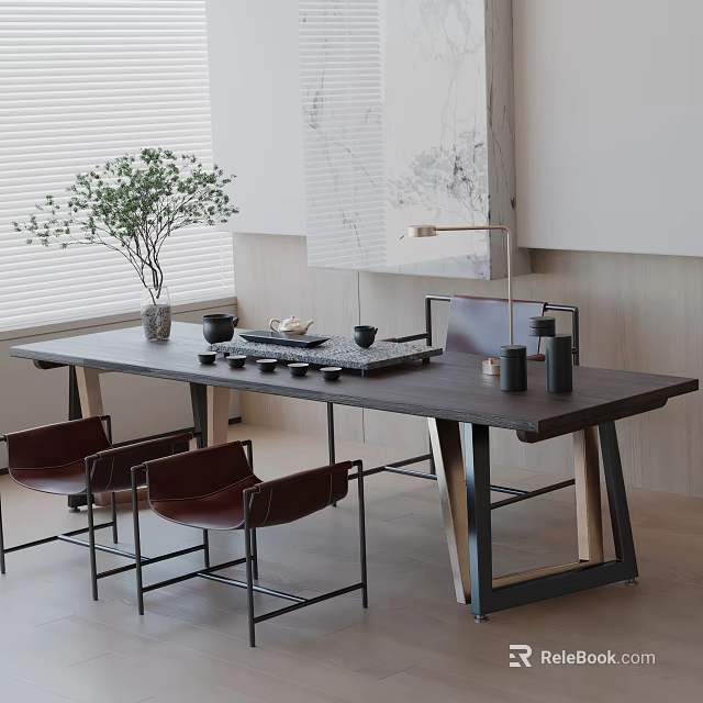Serene Tea Room Interior With Wooden Tea Table Red Chairs Tea Sets And Potted Plant 3d model 