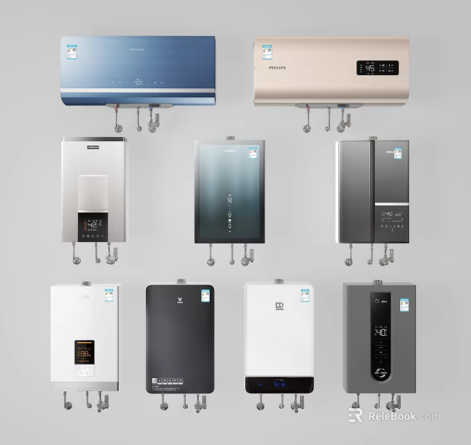 Various Wall Mounted Water Heaters With Different Colors And Modern Designs 3d model