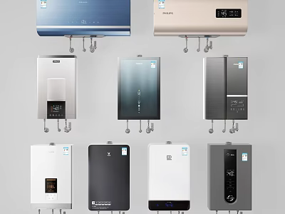 Various Wall Mounted Water Heaters With Different Colors And Modern Designs 3d model
