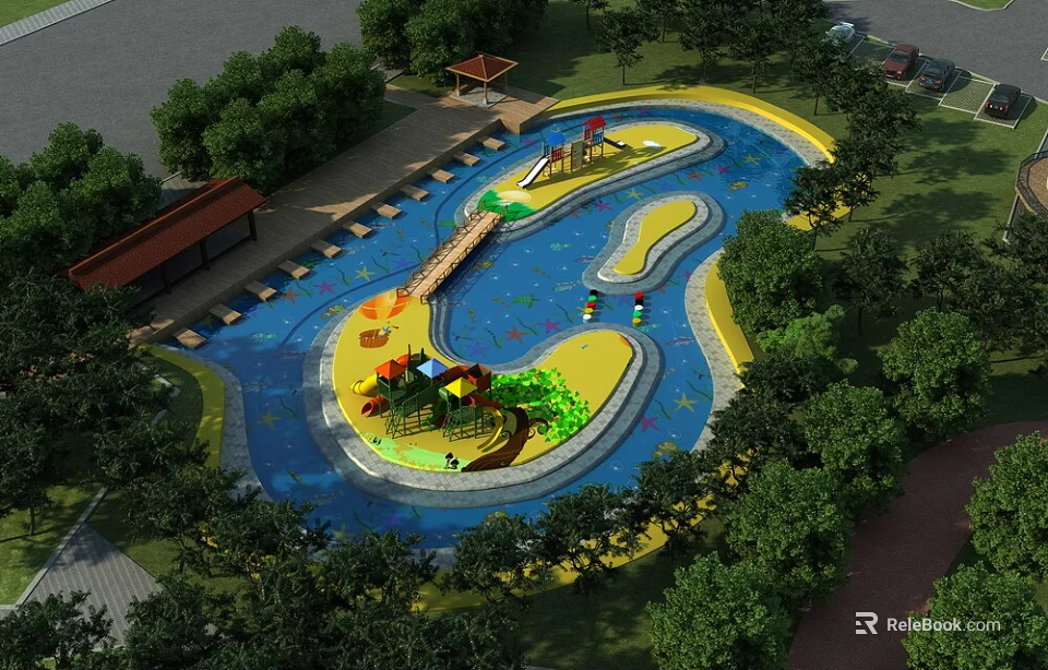 Fun Water Playground With Colorful Slides Green Trees And Rest Areas 3d model 