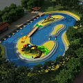 Fun Water Playground With Colorful Slides Green Trees And Rest Areas