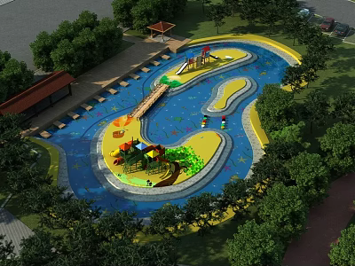 Fun Water Playground With Colorful Slides Green Trees And Rest Areas 3d model
