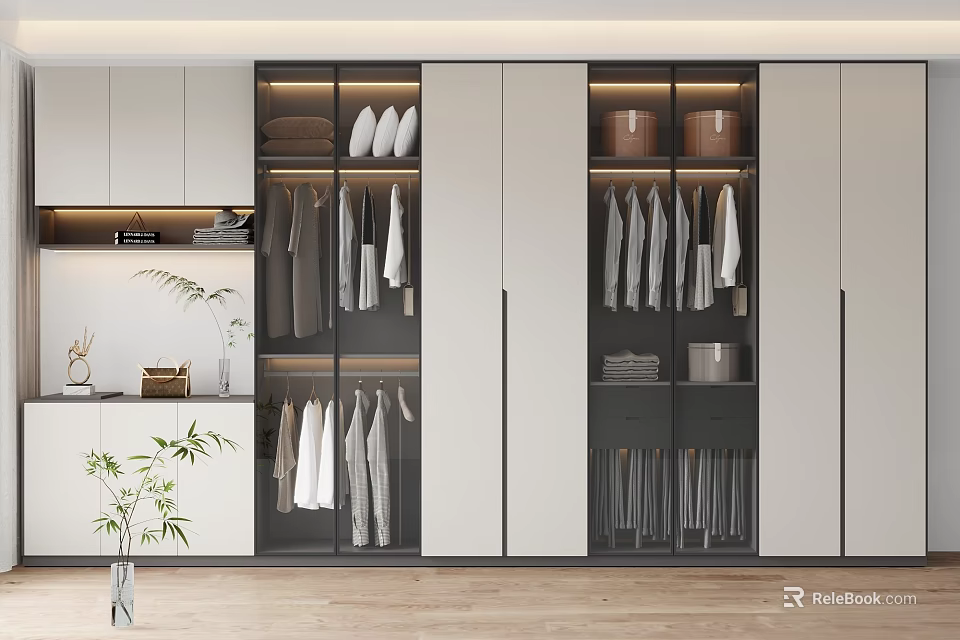 Modern Wardrobe Interior Design With Hanging Clothes Storage Boxes And Potted Plant 3d model 