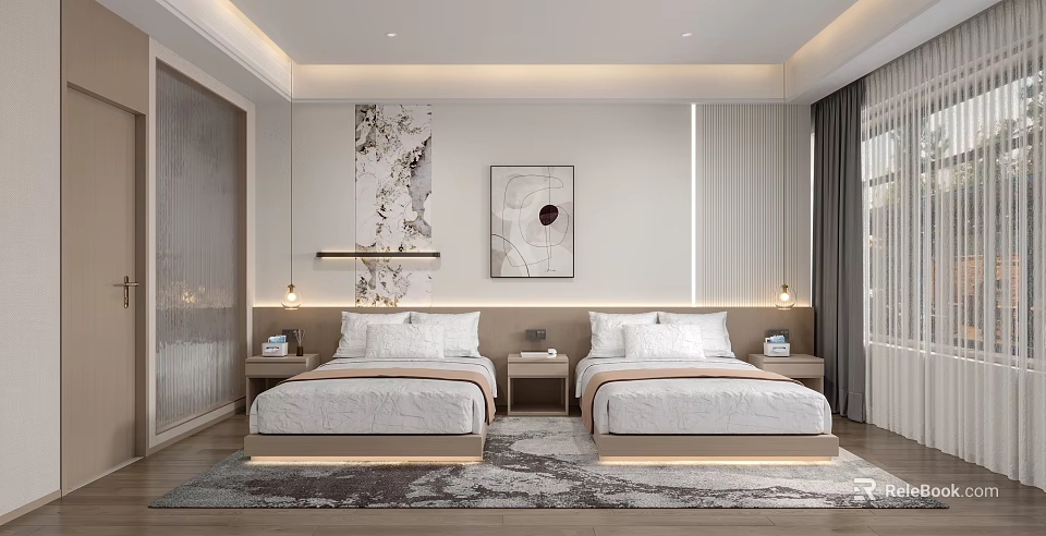 Modern Hotel Guest Room Interior Design With Twin Beds Decorative Artwork And Nightstands 3d model 
